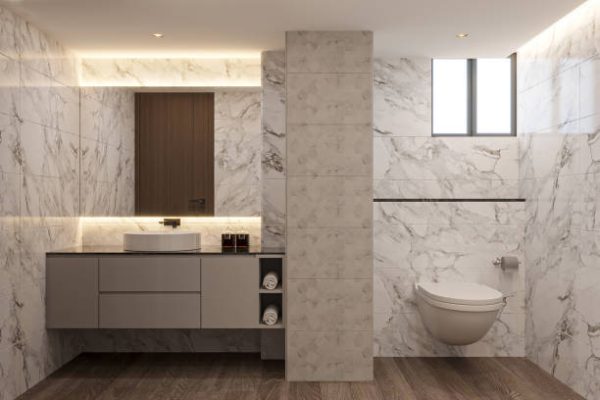 Bathroom with toilet, cabinet with sink and mirror and tube